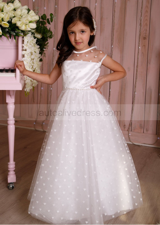 Ivory Heart Print Tulle Pearl Embellished Flower Girl Dress